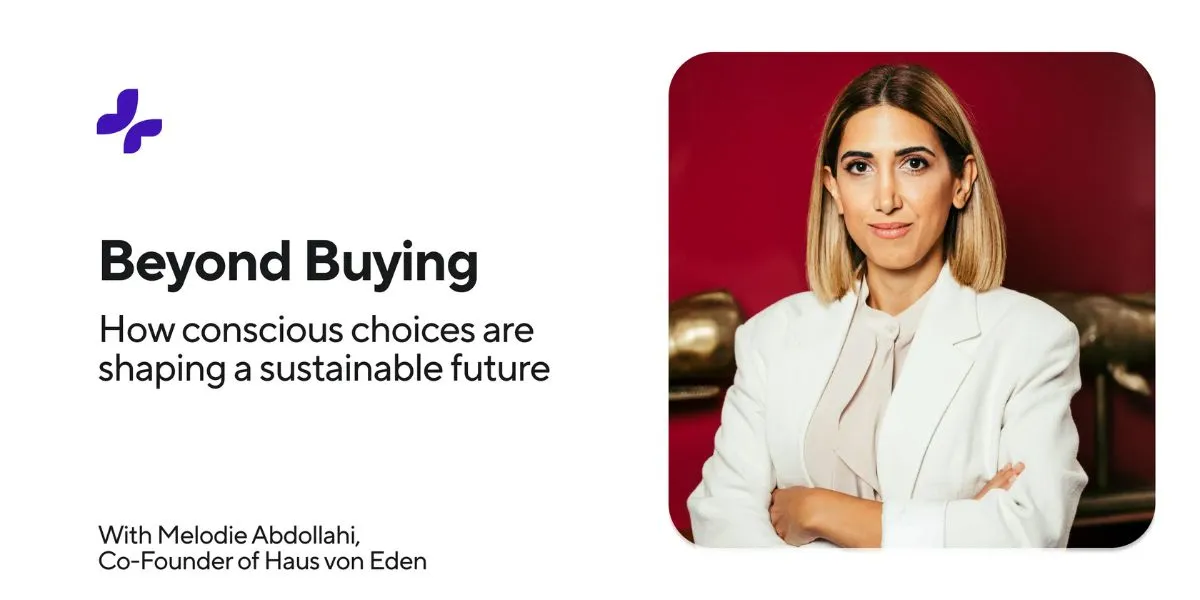 Melodie Abdollahi in white jacket, arms crossed, sharing insights on conscious choices shaping a sustainable future.