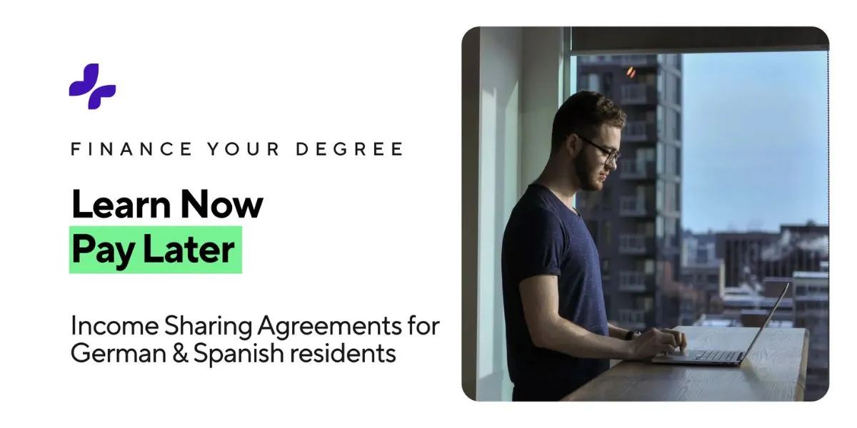 A man with glasses works on a laptop by a window overlooking city buildings, promoting income sharing for German & Spanish students.