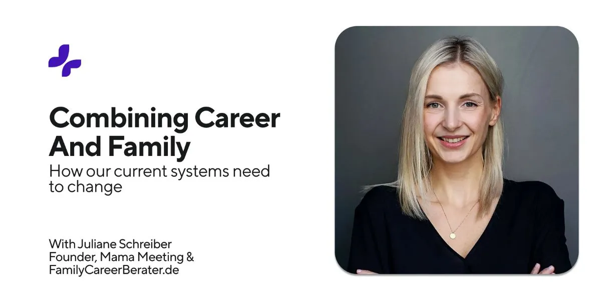 Porträt von Juliane Schreiber, Gründerin von MAMA Meeting, die über die Vereinbarkeit von Beruf und Familie spricht.