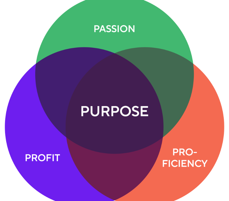 Venn-Diagramm zeigt Zweck im Schnittpunkt von Leidenschaft, Gewinn und Kompetenz.