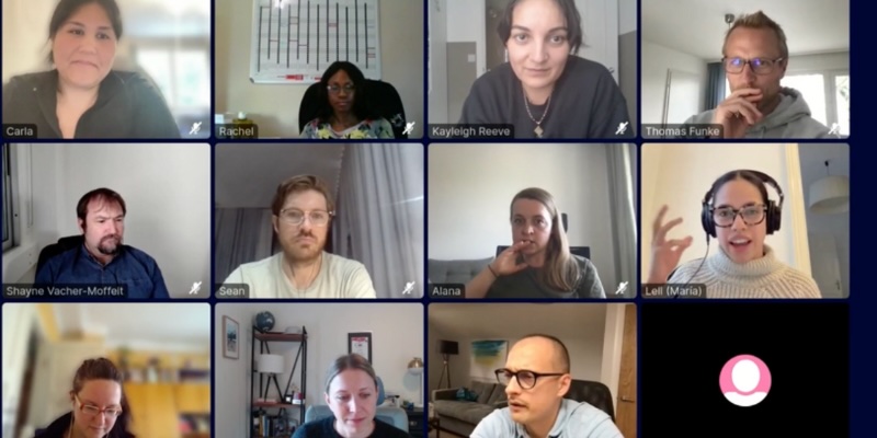 Screenshot eines Videoanrufs von zwölf Personen in einer virtuellen Meeting-Gitteransicht.