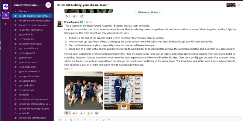 Slack Post über Teamwerte aus einer Brazilian Jiu Jitsu Erfahrung.