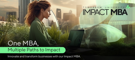 Woman with laptop in a futuristic cityscape promoting the Tomorrow University Impact MBA.