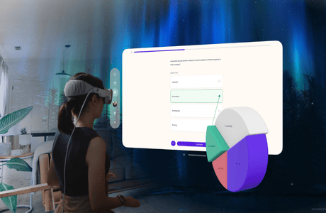 A woman wearing her Apple Vision Pro Headset and looking at her competency progression on the Tomorrow University Learning App