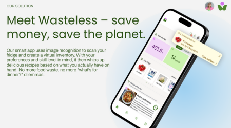 Smartphone-Bildschirm, der die Wasteless-App mit Lebensmittelinventar, Einsparungen und Rezeptvorschlägen zeigt.