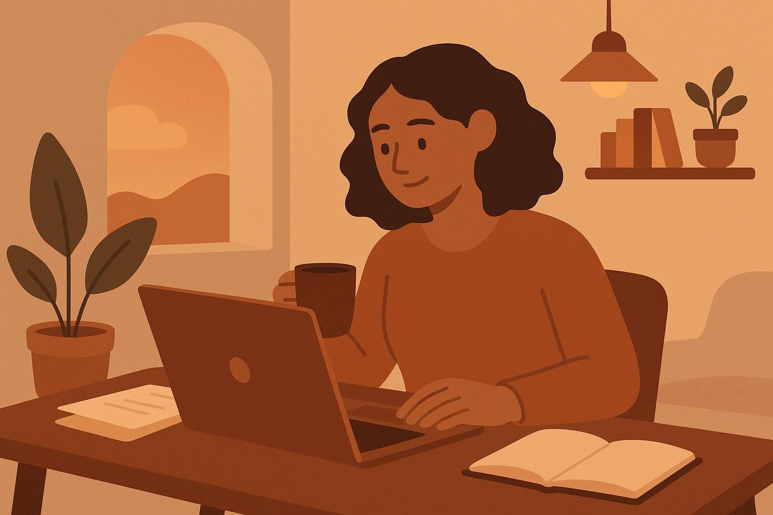 A working adult engaging in an online master's degree program, balancing independent study and live sessions, with a laptop and notes in a home office setting.