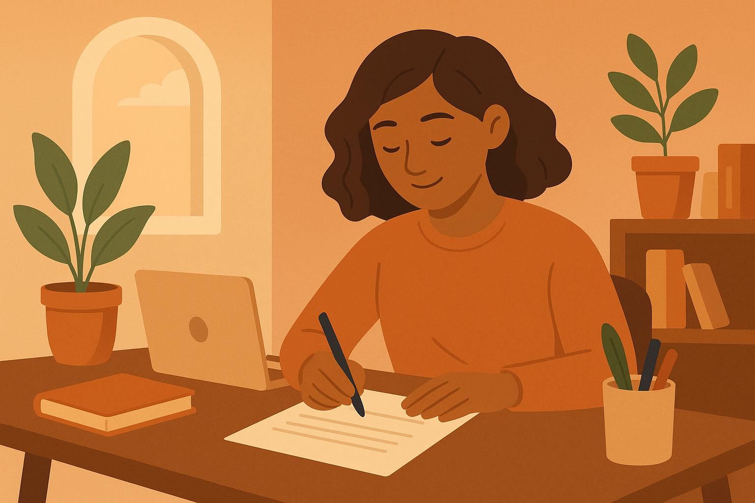 A thoughtful cover image illustrating the concept of personal statements, featuring a person reflecting while writing, symbolizing authenticity and specificity in storytelling.
