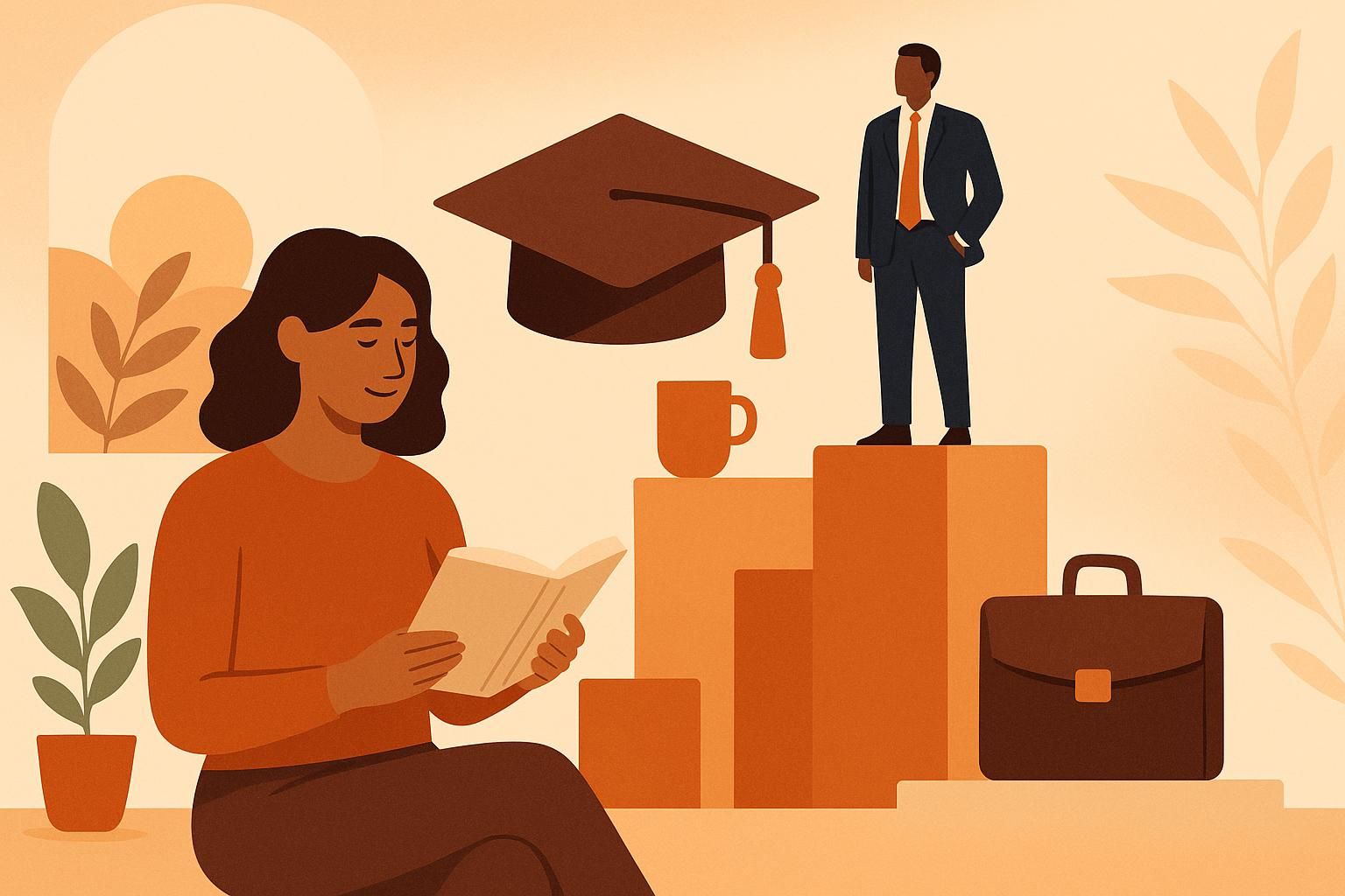 A thoughtful executive contemplating their career path, surrounded by symbols of leadership and education, representing the journey from manager to C-level without necessarily needing an MBA.