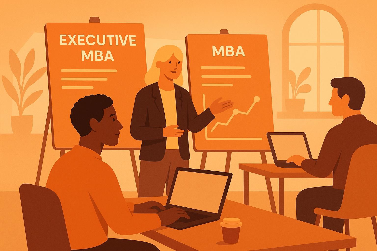 A diverse group of professionals engaged in a collaborative learning environment, discussing real-world challenges in an online Executive MBA program at Tomorrow University.