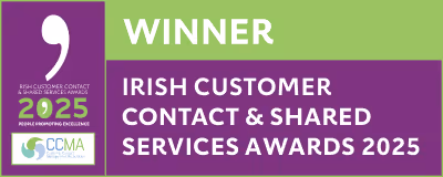 Winner badge for the Irish Customer Contact & Shared Services Awards 2025 with CCMA logo.