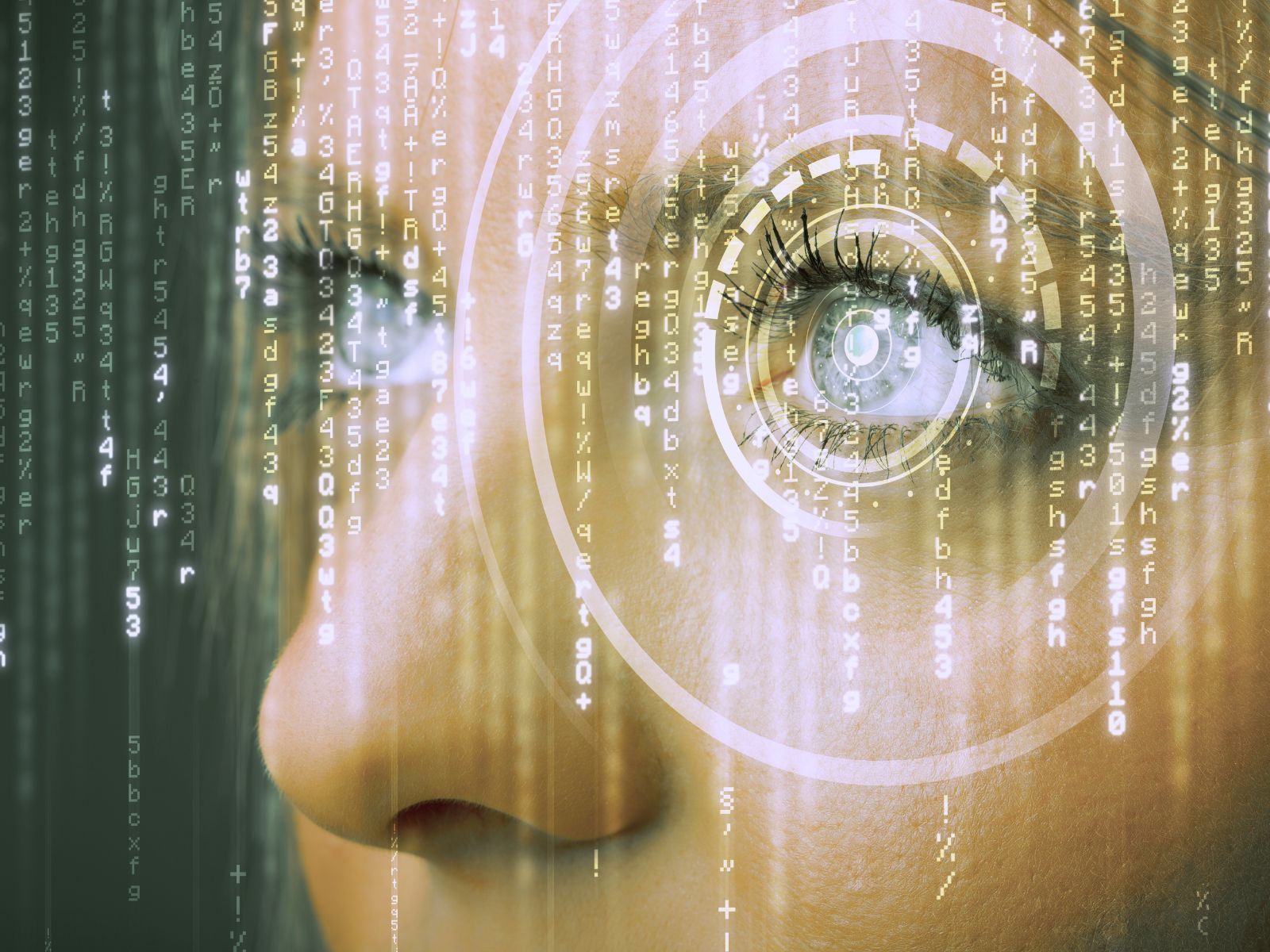 Close-up of a human eye with digital code and circular interface graphics overlay.