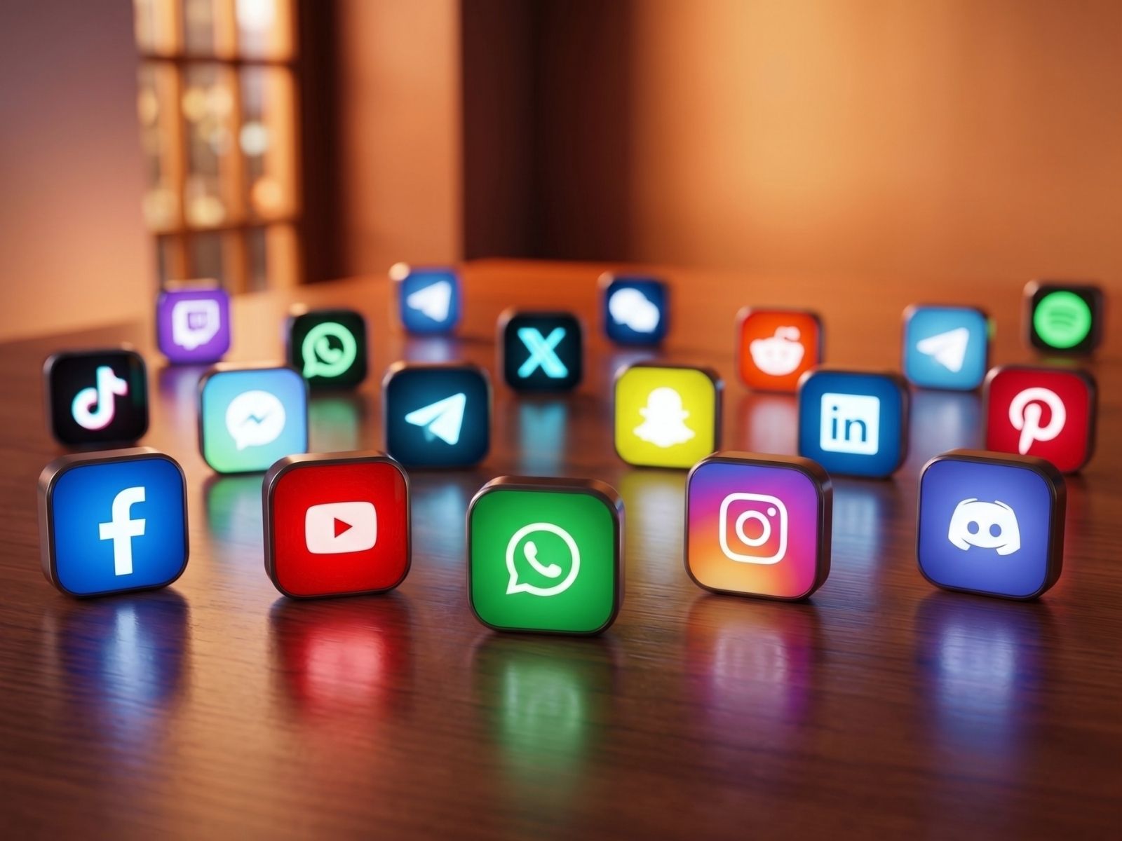3D icons of multiple social media apps like Facebook, YouTube, WhatsApp, Instagram, and Discord on a wooden surface.