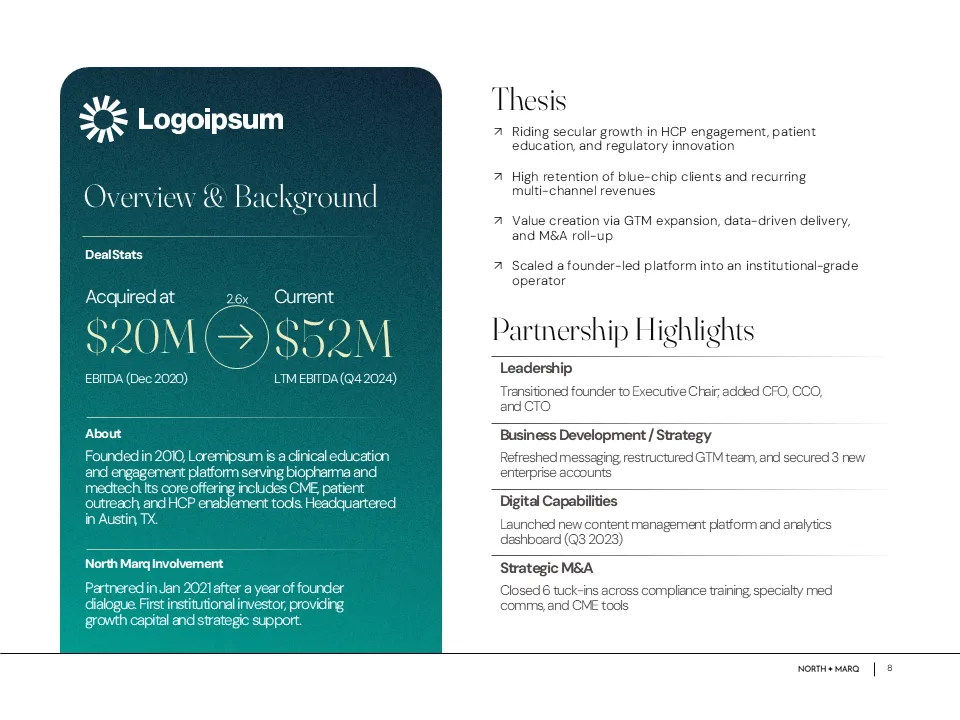 Redesigned case study featuring a dark teal card with clear metrics ($20M to $52M EBITDA), a strong example of private equity presentation design.