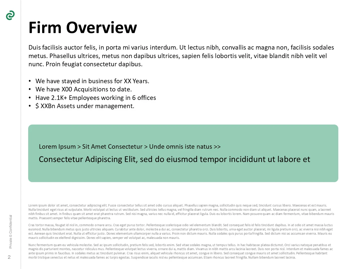 Firm Overview slide, a standard component of an investment deck or a private equity pitch deck, providing key information about the company's history, experience, and scale, including years in business, acquisitions, employee count, and assets under management. This slide is essential for building credibility with potential investors reviewing the pitch deck.
