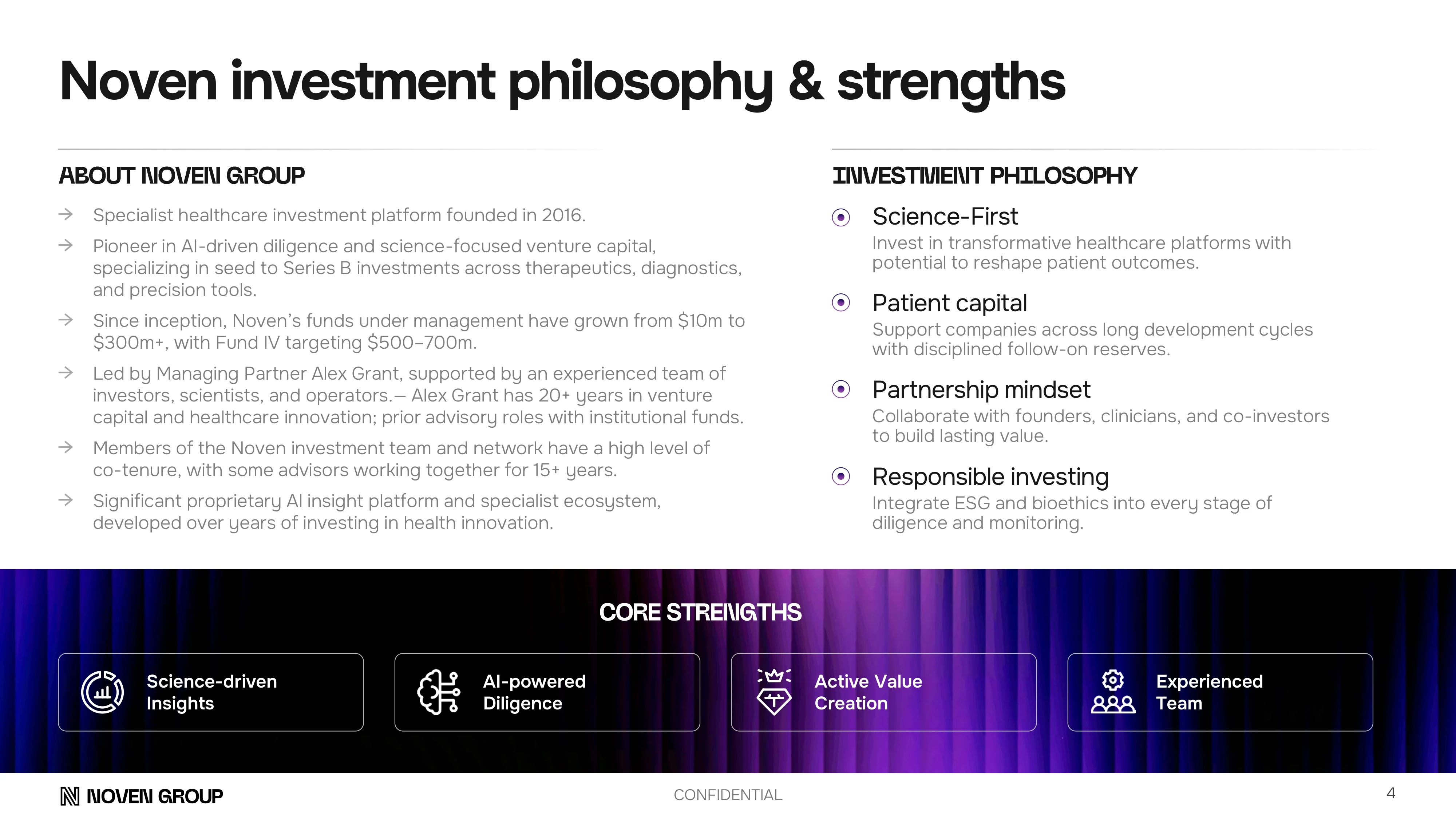 Team slide featuring experienced operators with backgrounds in biotech, research, and healthcare investing — supporting PE execution.