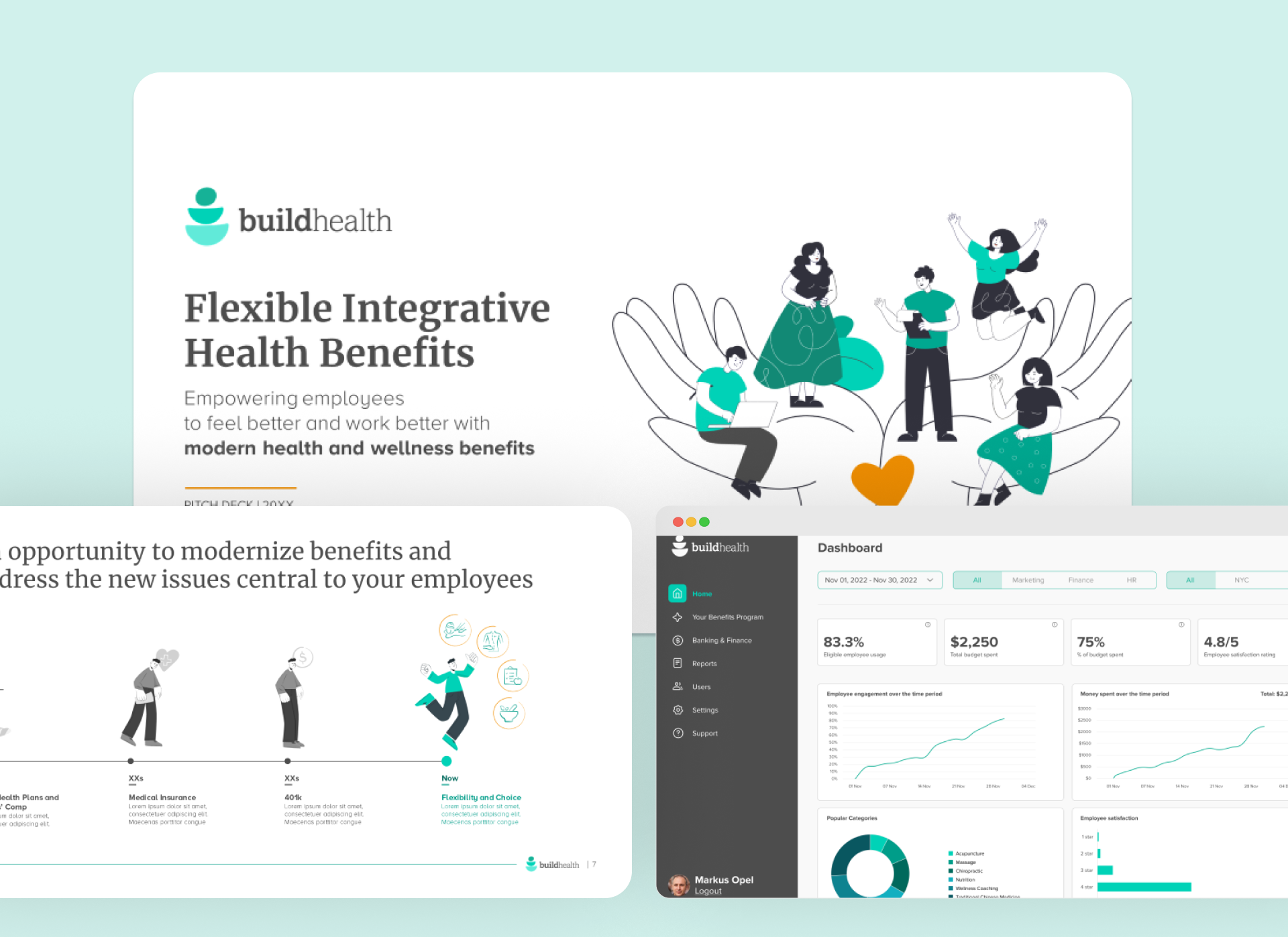 Sales presentation design portfolio card for BuildHealth, featuring healthcare sales deck visuals and custom SaaS pitch deck illustrations