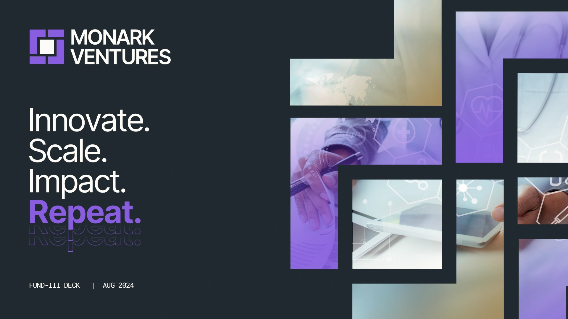 "Innovate. Scale. Impact." cover slide featuring a dynamic photo grid, establishing the brand identity for the corporate venture capital fund deck.