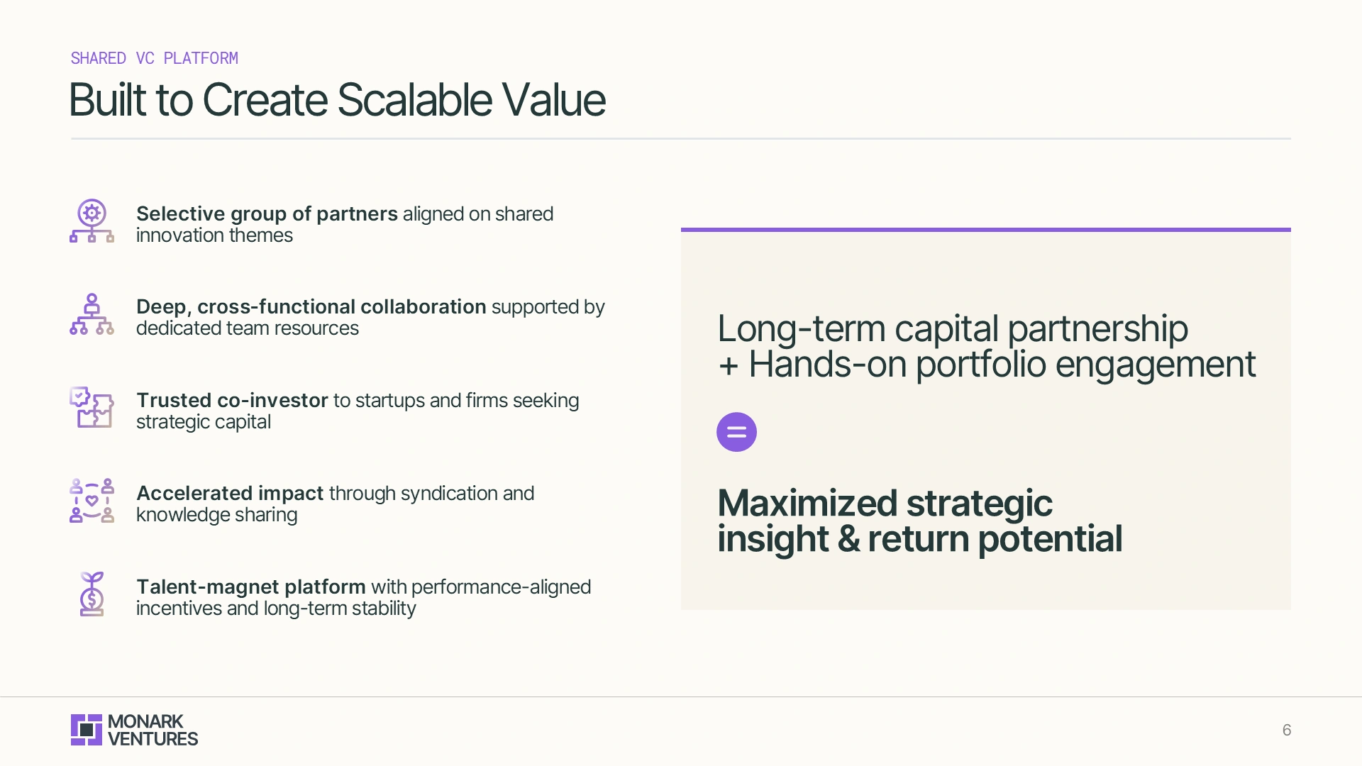 "Scalable Value" slide outlining the platform's strategic benefits for partners, a key element of vc pitch deck design.