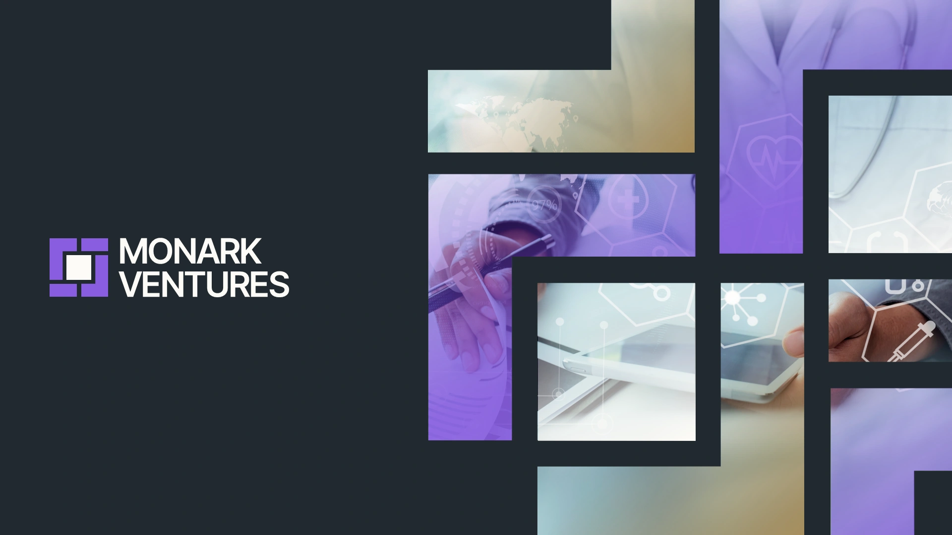 Corporate venture capital fund deck hero image for Monark Ventures, featuring a dynamic photo grid of healthcare and SaaS sectors to establish the brand identity in this vc pitch deck design.