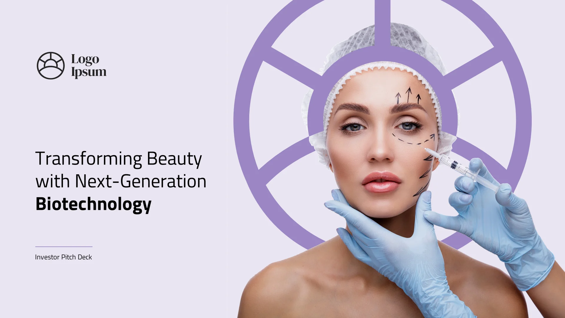 Redesigned "Transforming Beauty" cover slide with high-end clinical imagery, setting the tone for a premium regenerative medicine pitch deck