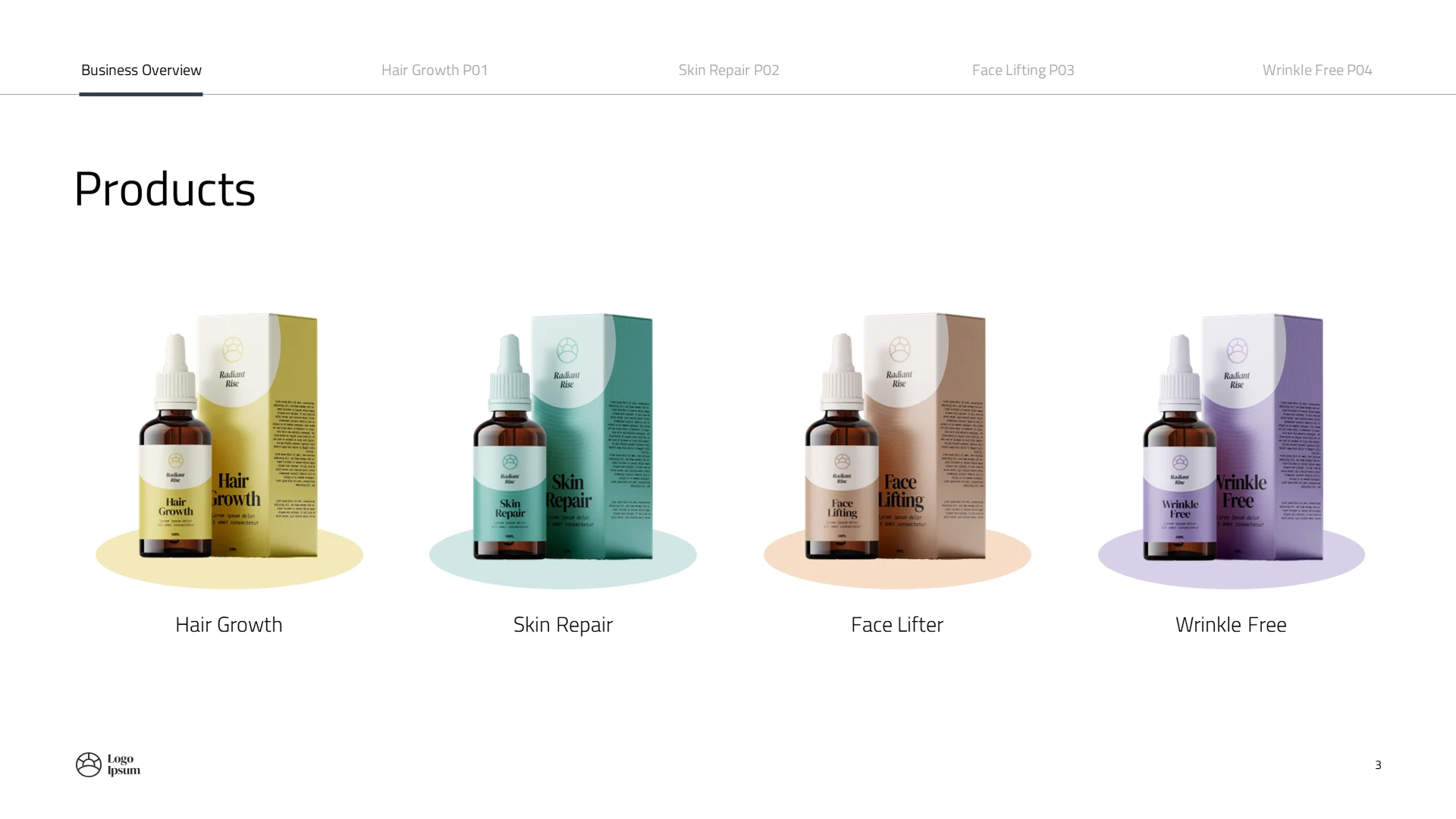 "Products" slide featuring four color-coded product lines (Yellow, Teal, Brown, Purple) for clear navigation in a healthcare pitch deck