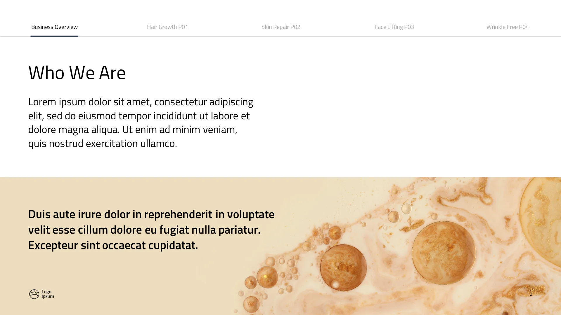 "Who We Are" slide utilizing modern typography and texture to convey the company's mission in a biotech pitch deck