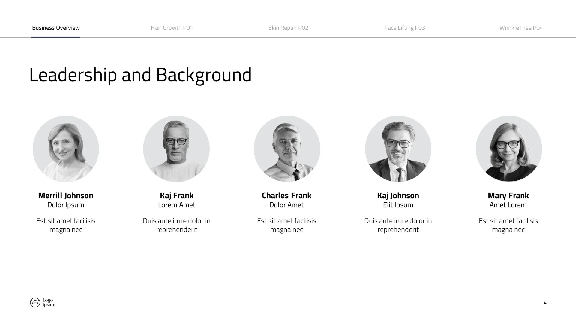 "Leadership and Background" slide with professional headshots and clean bios, essential for building trust in investor presentation design