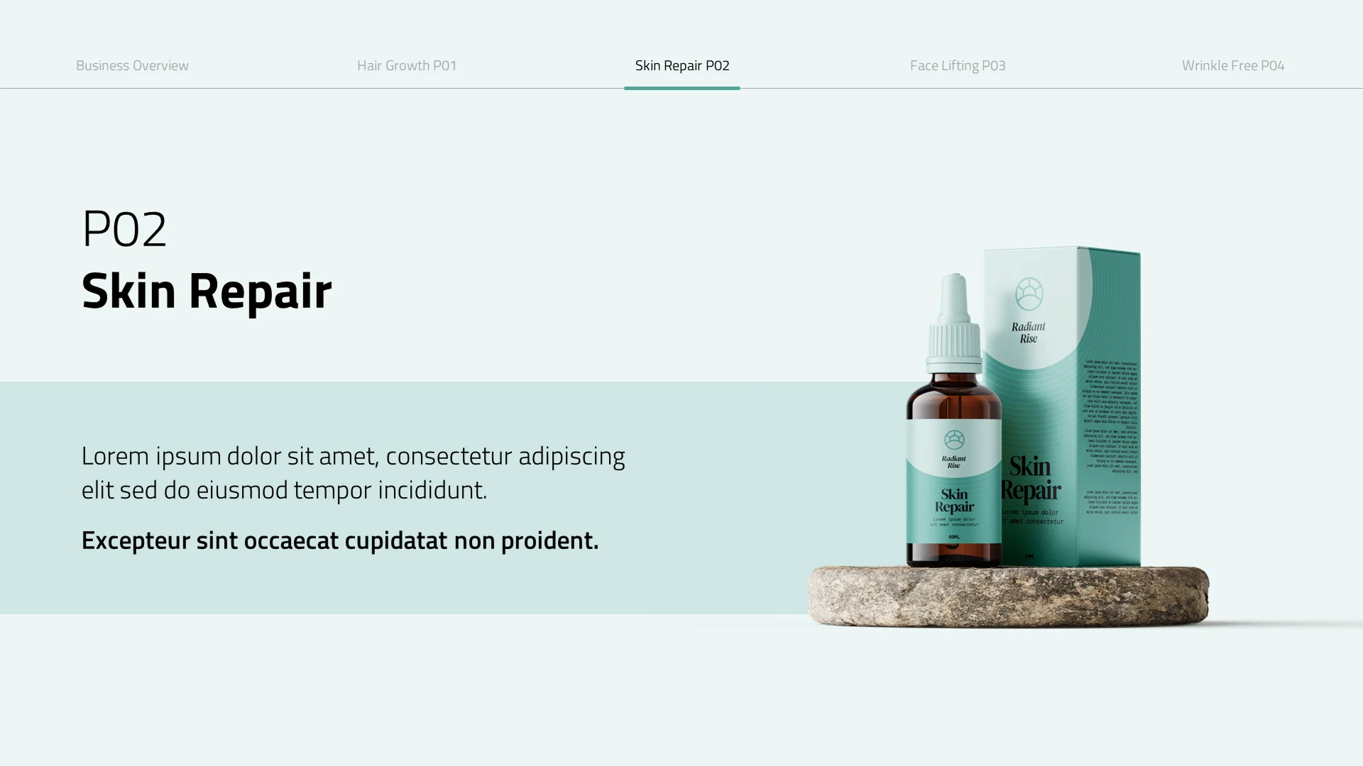 "P02 Skin Repair" section slide with teal branding, enhancing navigation for investor presentation design