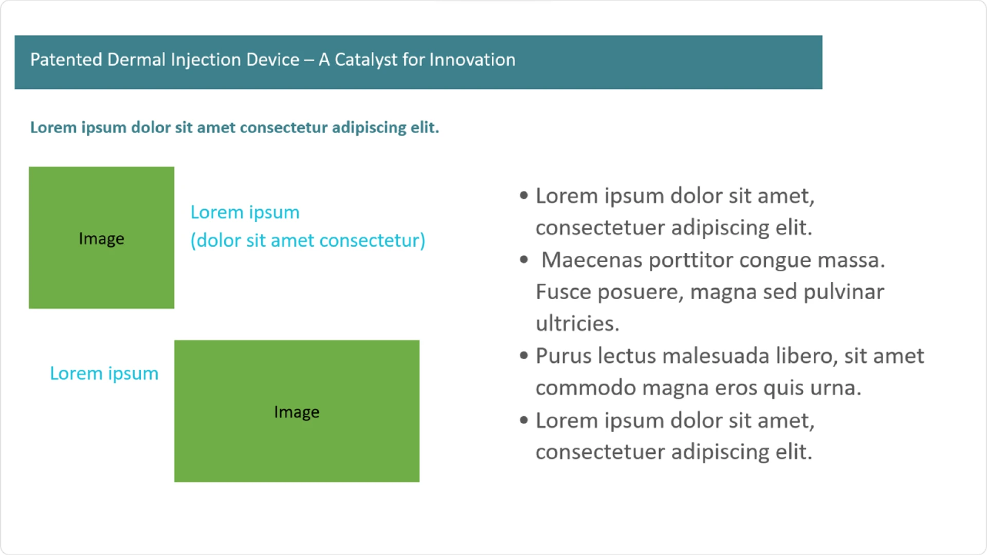 "Patented Dermal Injection Device" slide using basic green placeholders, needing investor presentation design improvements