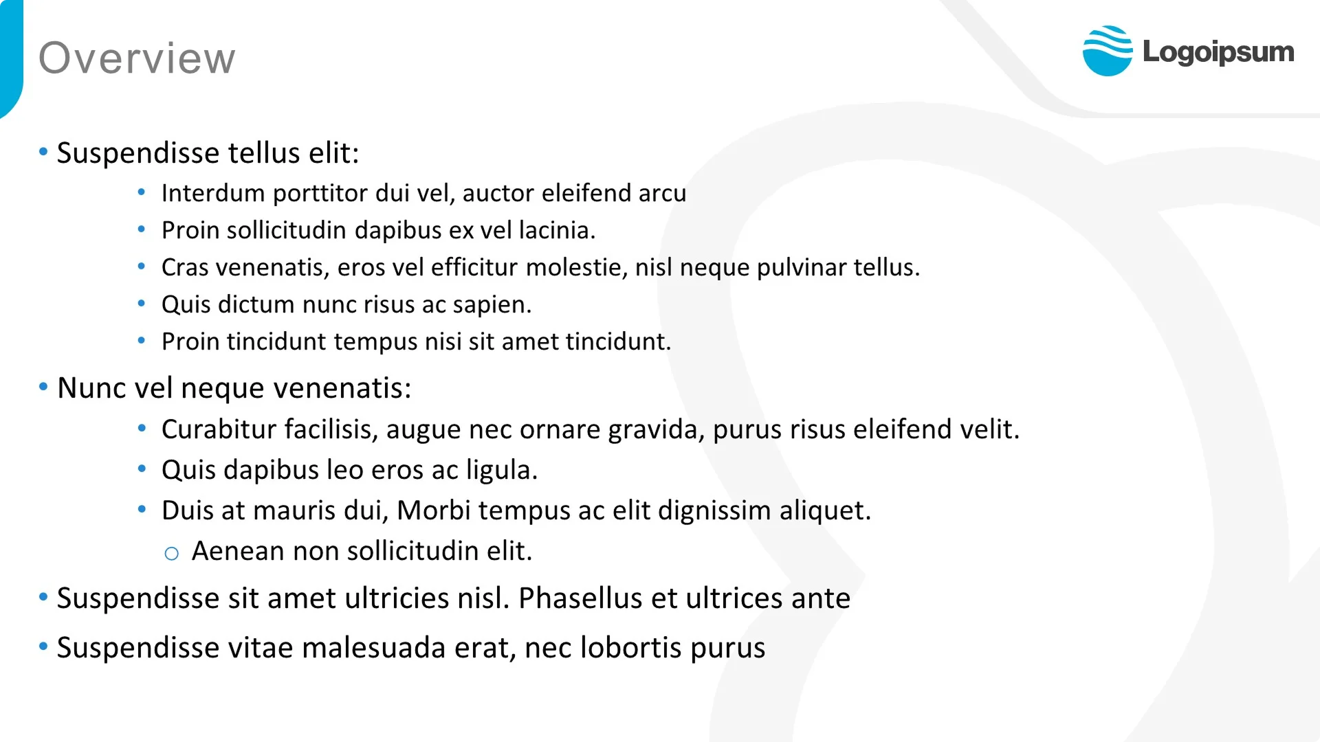 Text-heavy overview slide with dense bullet points, lacking the visual hierarchy needed for a compelling biotech pitch deck