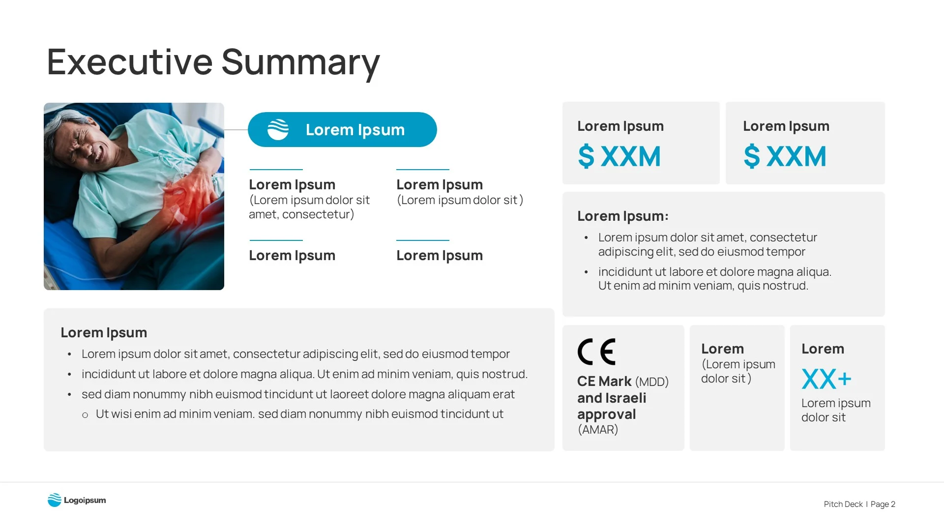 "Executive Summary" slide organizing financial metrics and regulatory approvals (CE Mark) into a structured grid, essential for investor presentation design