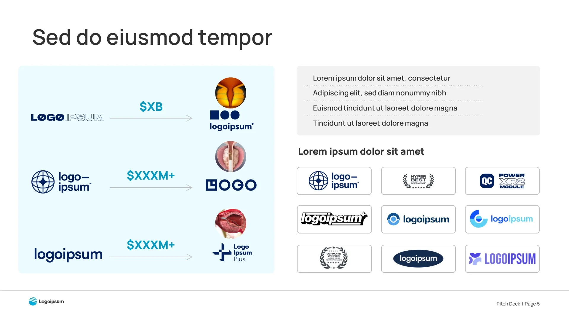 Market valuation and acquisition slide with placeholder logos, formatted for a strategic healthcare pitch deck