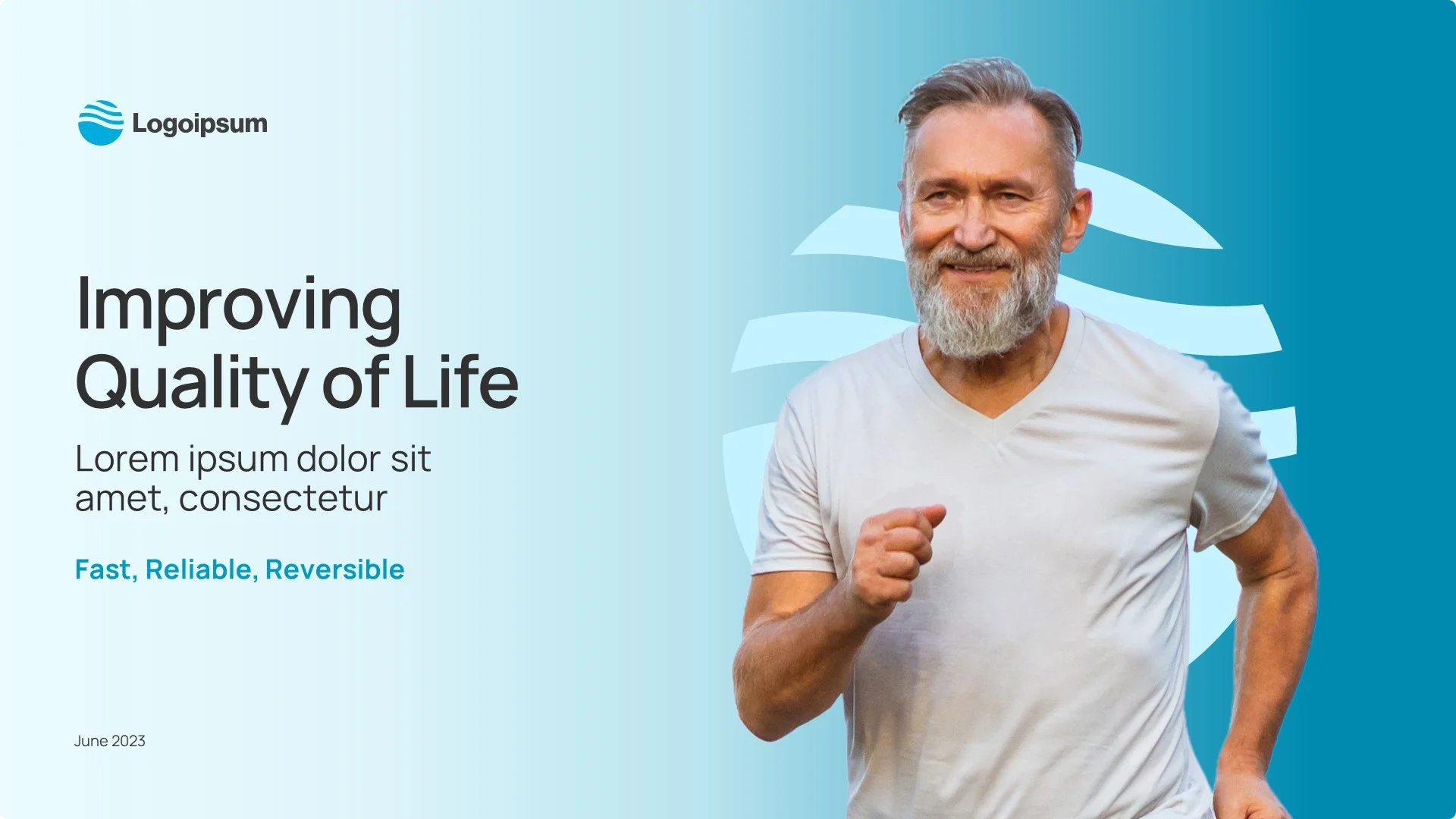 Redesigned "Improving Quality of Life" cover slide featuring active lifestyle imagery and clean typography, establishing a premium tone for a series b pitch deck