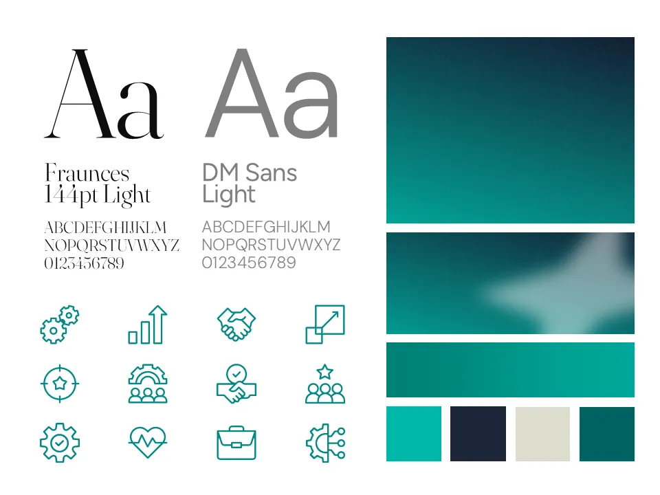 Design system moodboard featuring "Fraunces" and "DM Sans" typography, a teal gradient palette, and custom icons to modernize the private equity presentation design and fund overview deck.