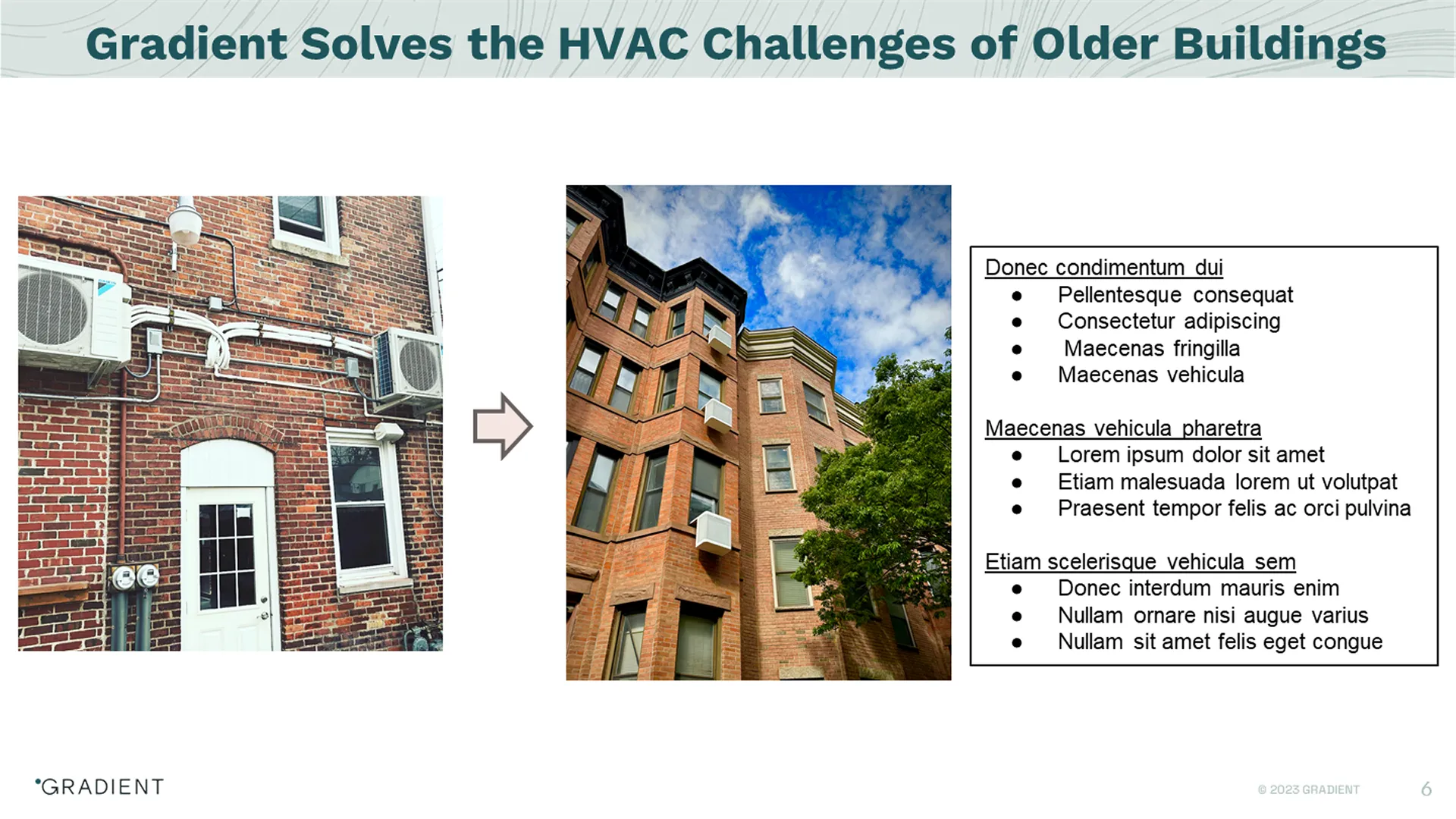 Problem slide showing HVAC challenges in older buildings, replaced by custom visuals from pitch deck design services.