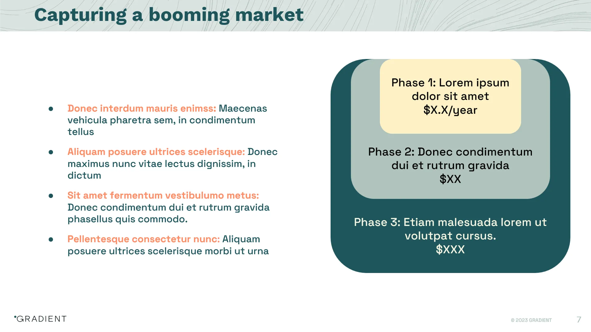 "Capturing a Booming Market" slide with a nested box diagram, typical of early-stage manufacturing pitch deck drafts.