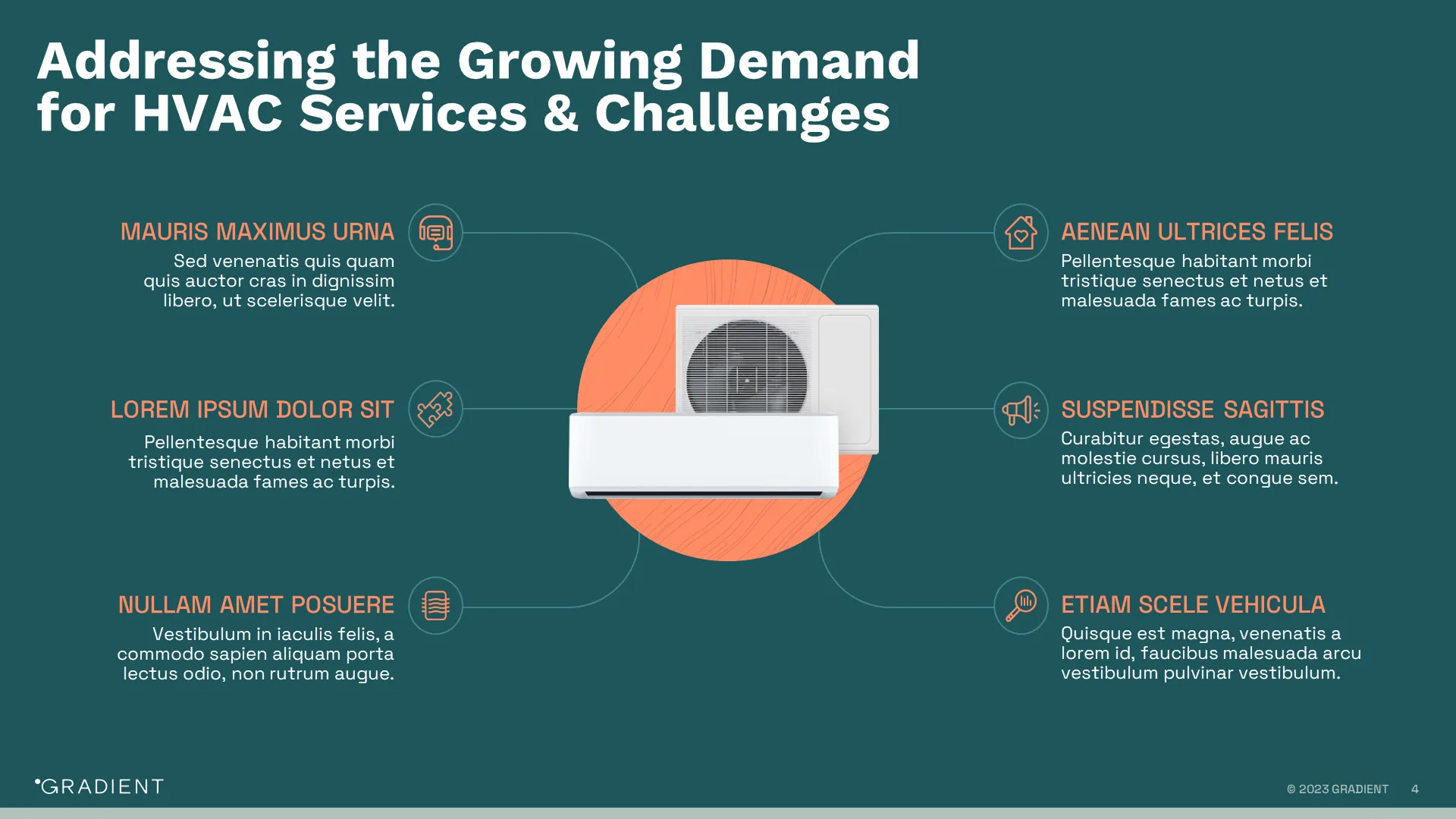 Service demand slide visually mapping HVAC challenges to solutions, created by a pitch deck design company.