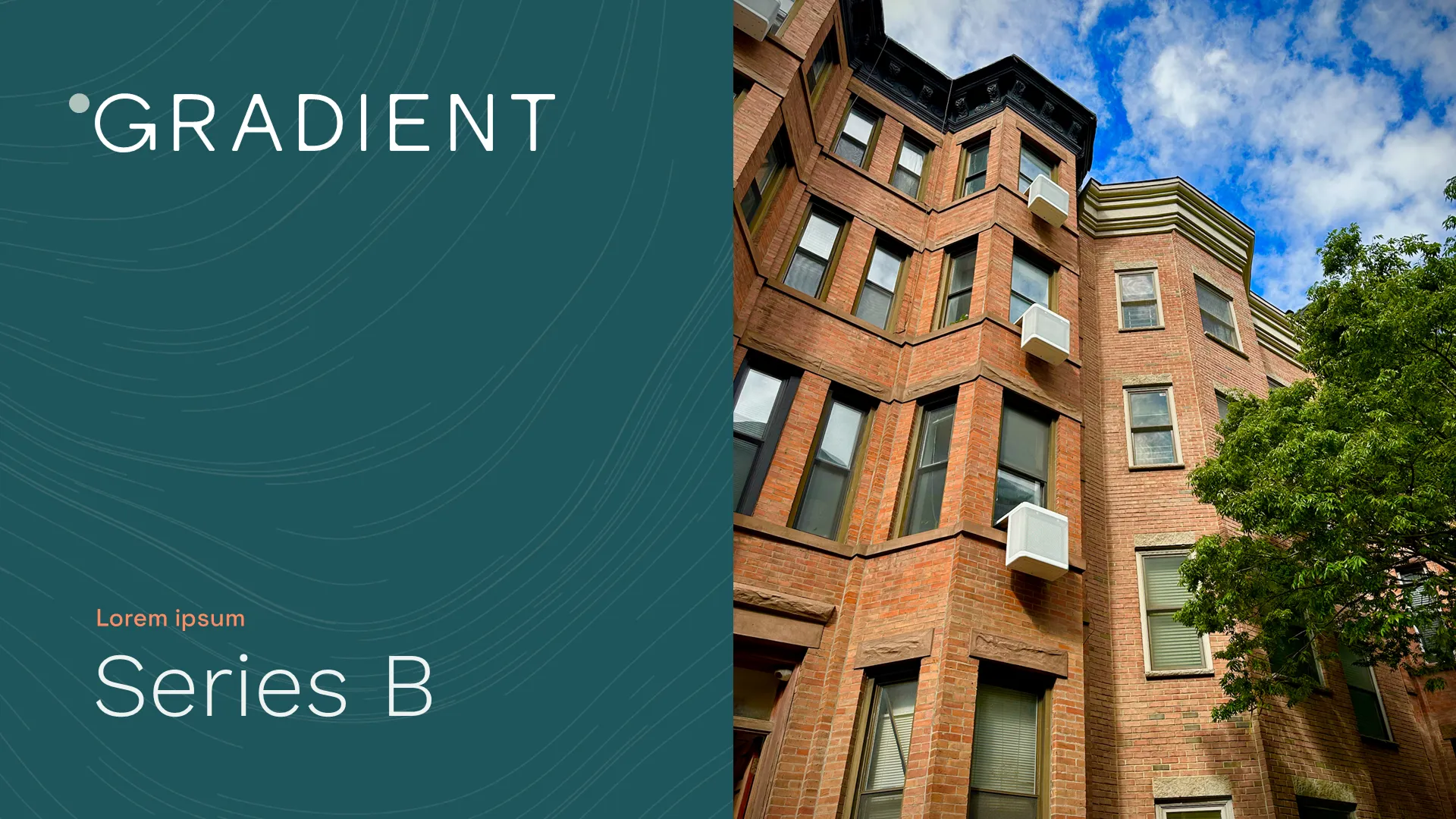 Redesigned series b pitch deck title slide featuring a real-world building photo and sleek typography.