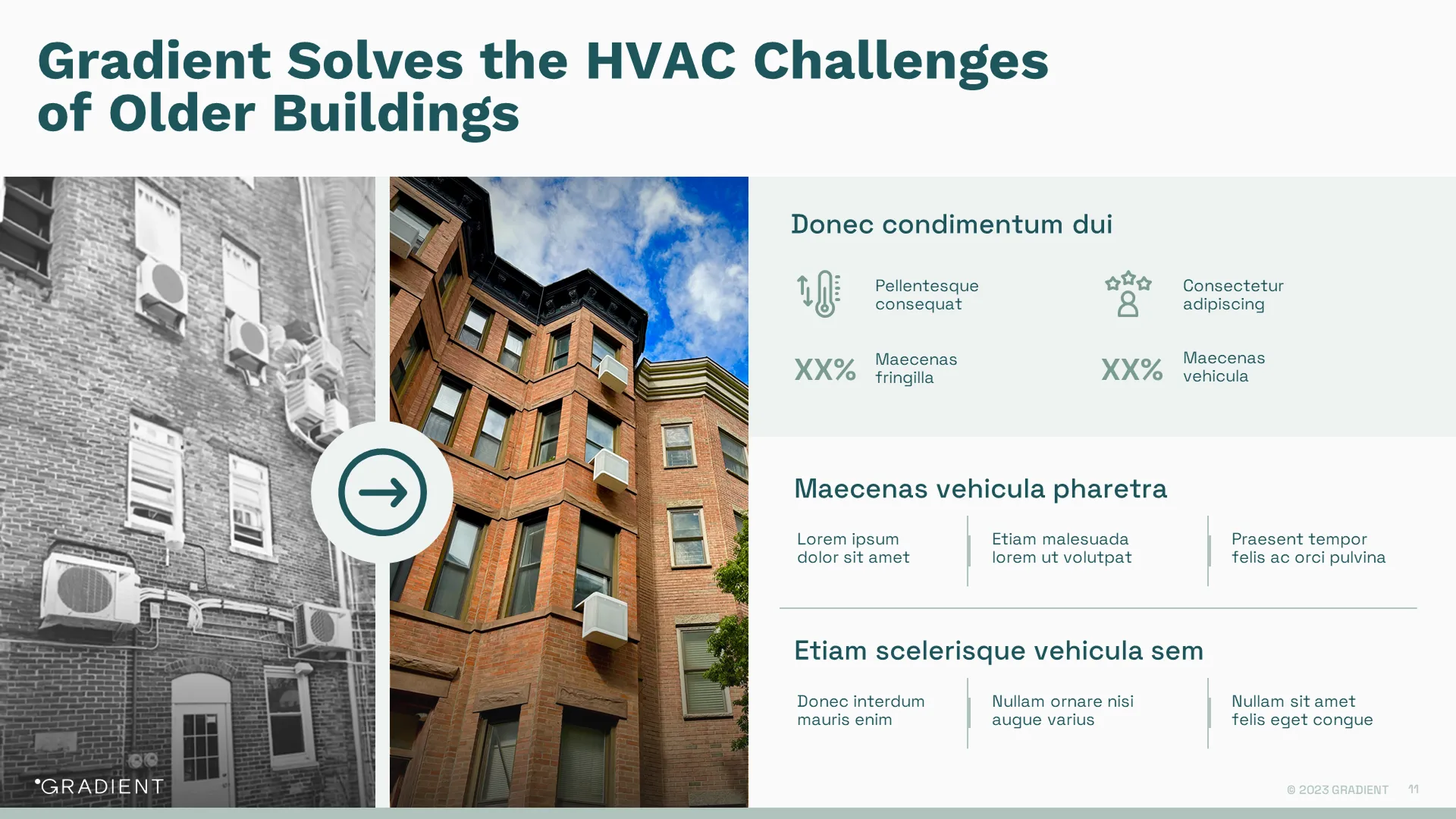 Visual "HVAC Challenges" slide comparing old vs. new solutions with clear imagery, optimized for investor presentation design.