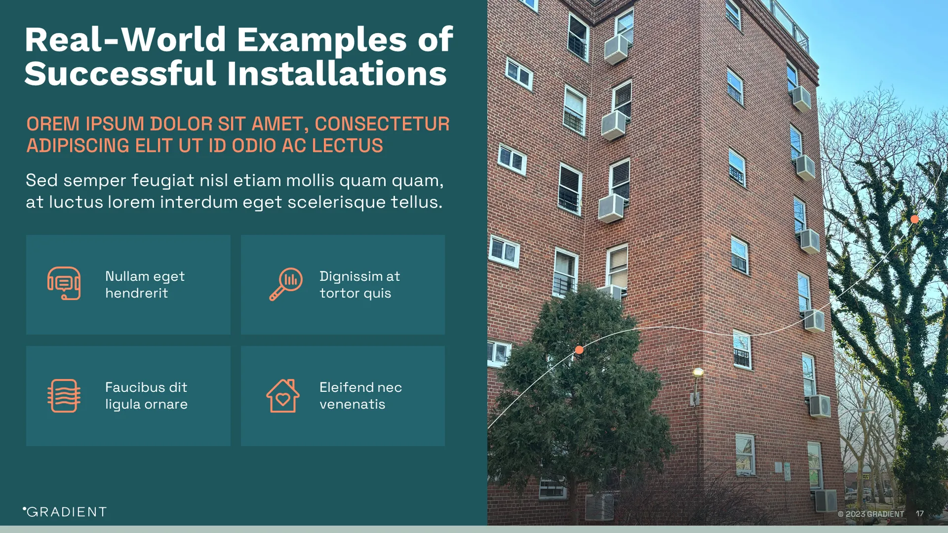 Case study slide showcasing real-world successful installations with high-quality photography, styled by pitch deck design services.