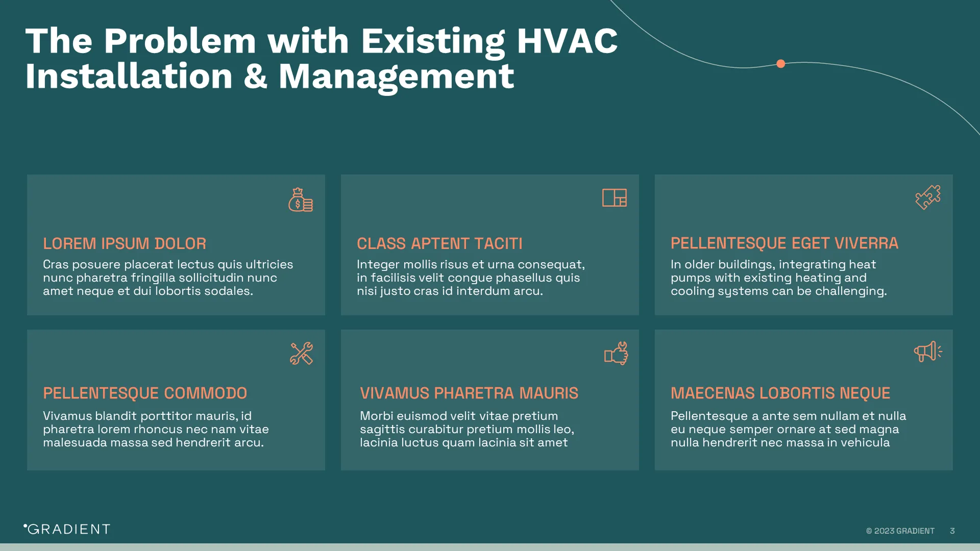 Redesigned problem slide detailing HVAC installation challenges with a clean grid layout for a manufacturing pitch deck.
