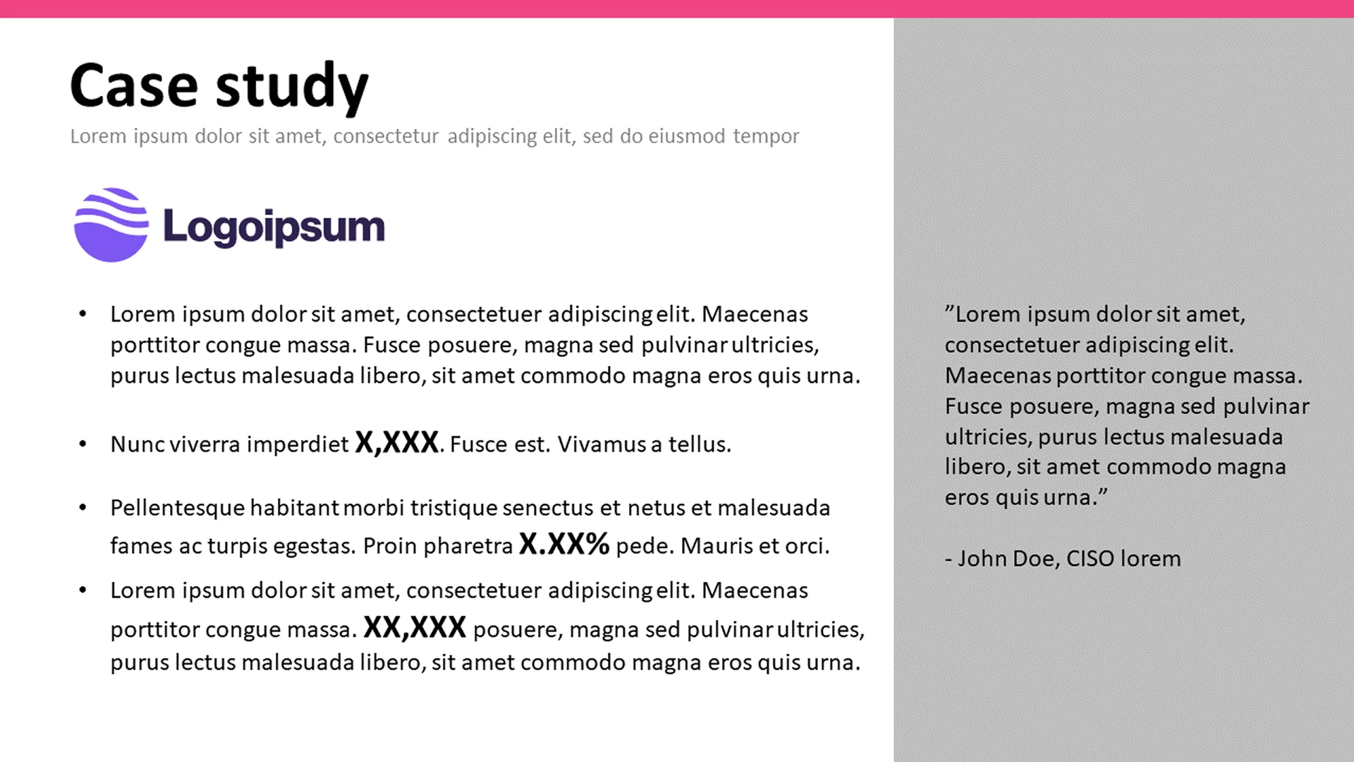 Standard case study slide template with text blocks, improved by professional presentation design services.
