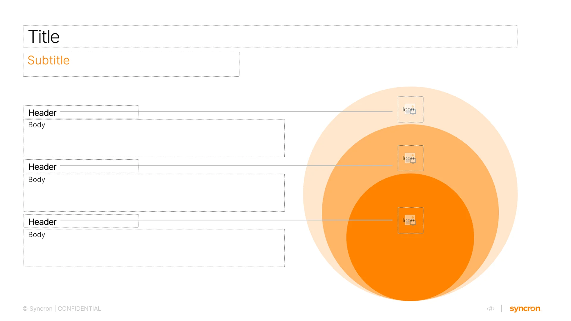Professional presentation design framework template featuring a concentric circle diagram to illustrate core business layers.