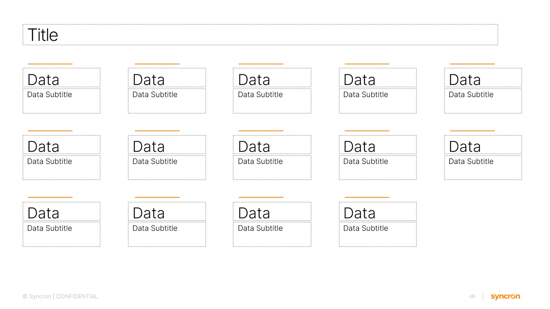 Presentation design firm data grid layout for Syncron, ensuring consistent formatting for technical specifications and metrics.