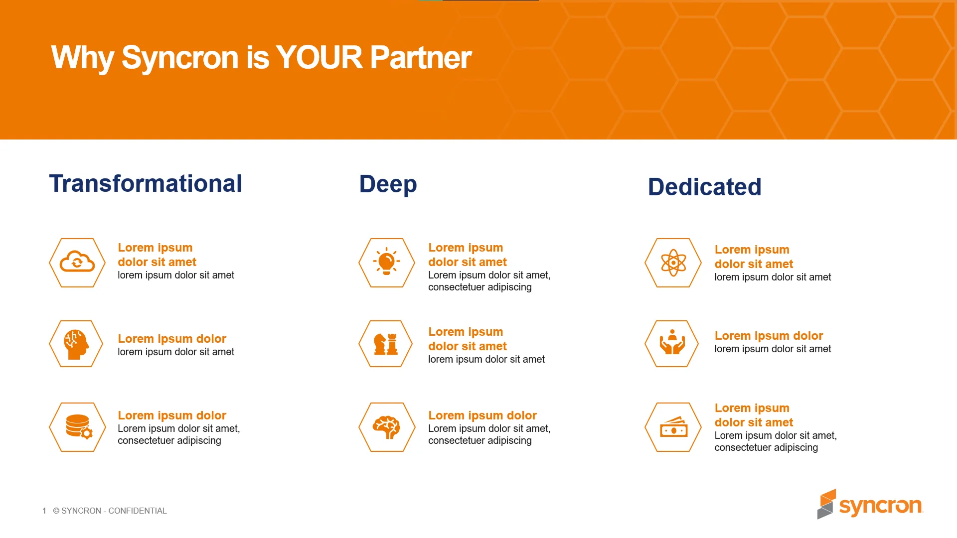 This slide from a corporate overview deck features a customized infographic using hexagonal shapes and custom icons, demonstrating strong presentation design support. It's a visually engaging way to present key information within a business overview deck, reflecting ongoing presentation design efforts for brand consistency.
