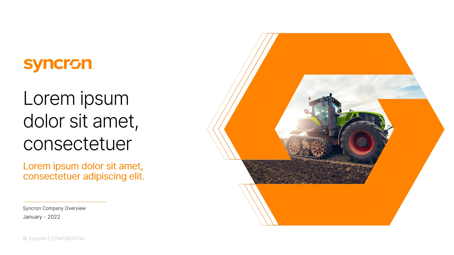 Corporate presentation design services master template cover for Syncron, featuring the signature hexagon brand element.