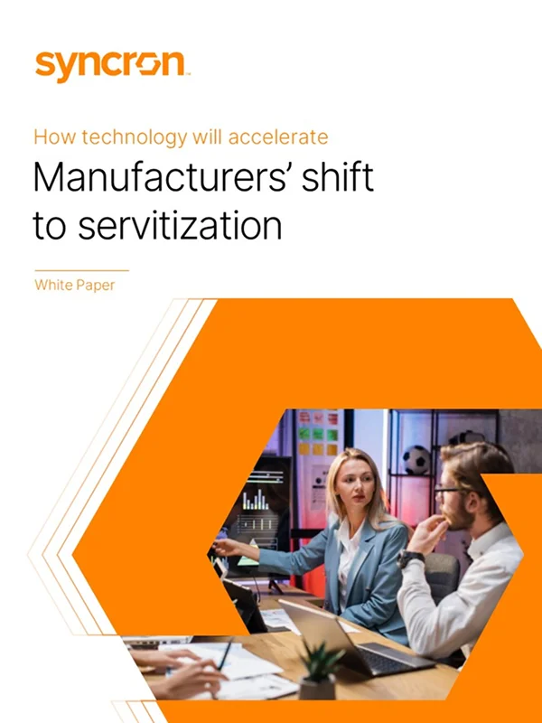 Enterprise presentation design cover for Syncron's "Manufacturers' Shift to Servitization" white paper, featuring brand-aligned hexagon graphics.