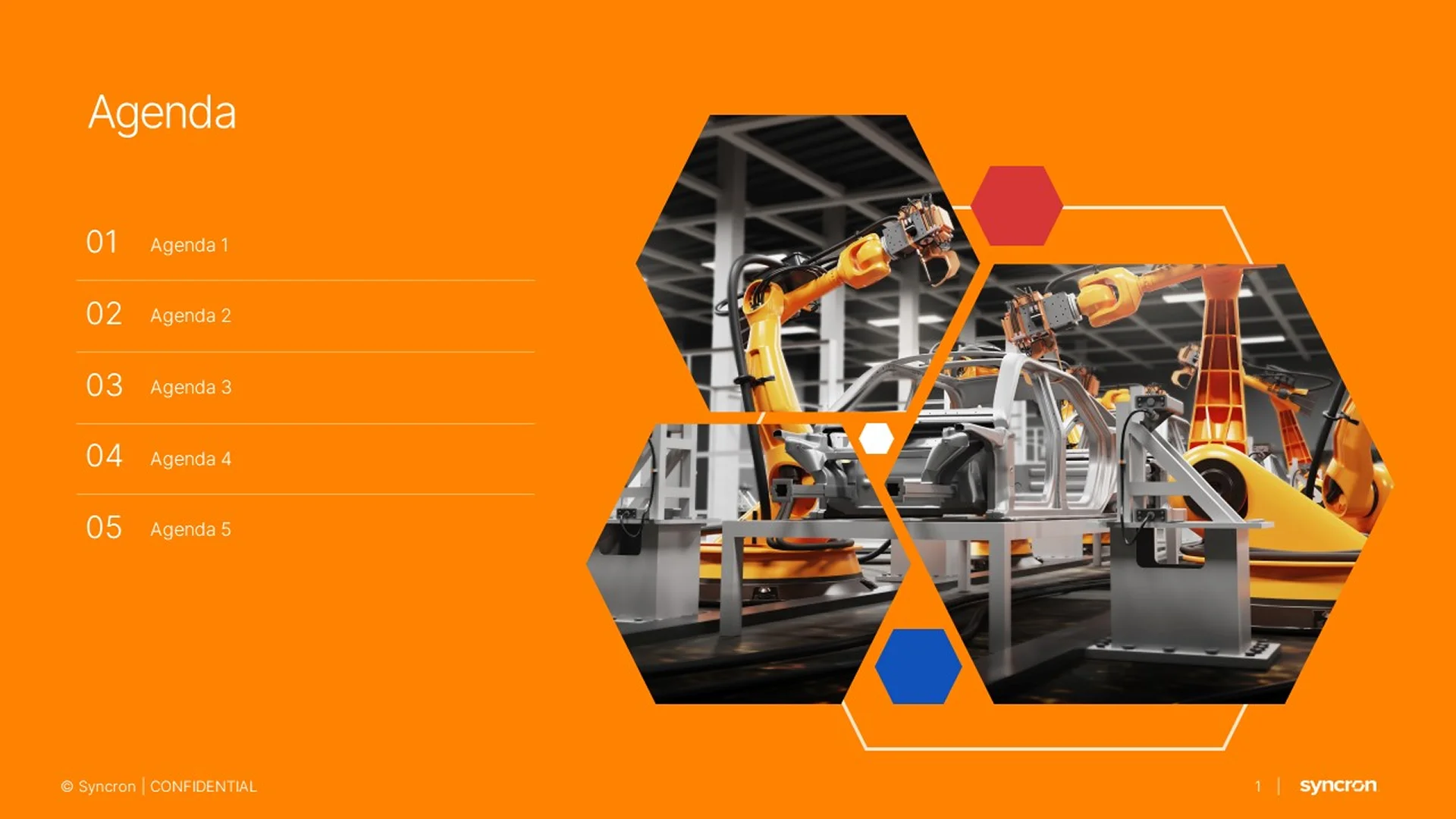 Professional presentation design agenda slide using custom hexagonal image masks to showcase industrial robotics imagery.