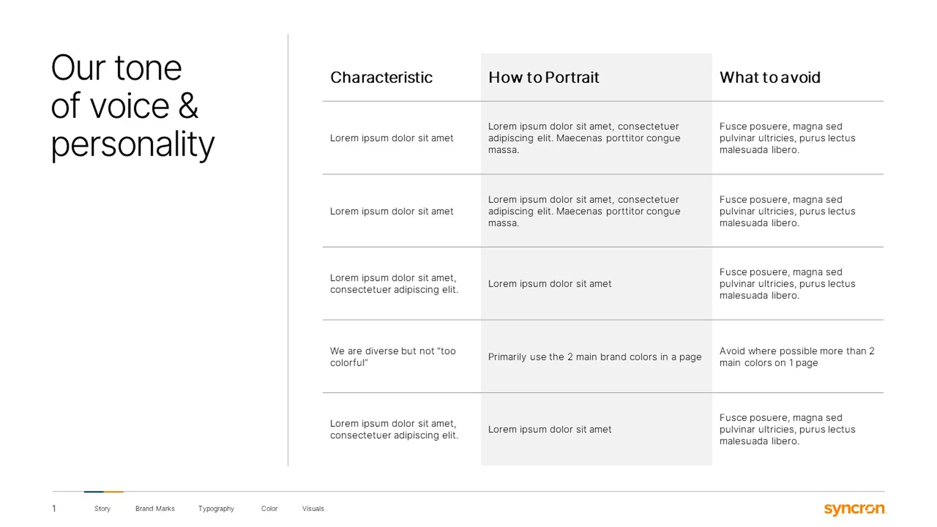 Corporate presentation design services manual for Syncron, defining brand personality and tone of voice for global communications.