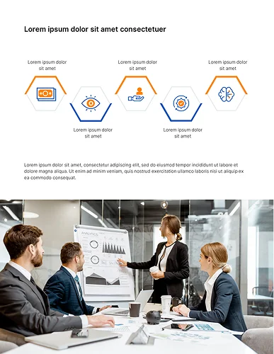 Corporate presentation design services interior page layout, combining custom hexagonal process icons with professional photography to illustrate team collaboration.